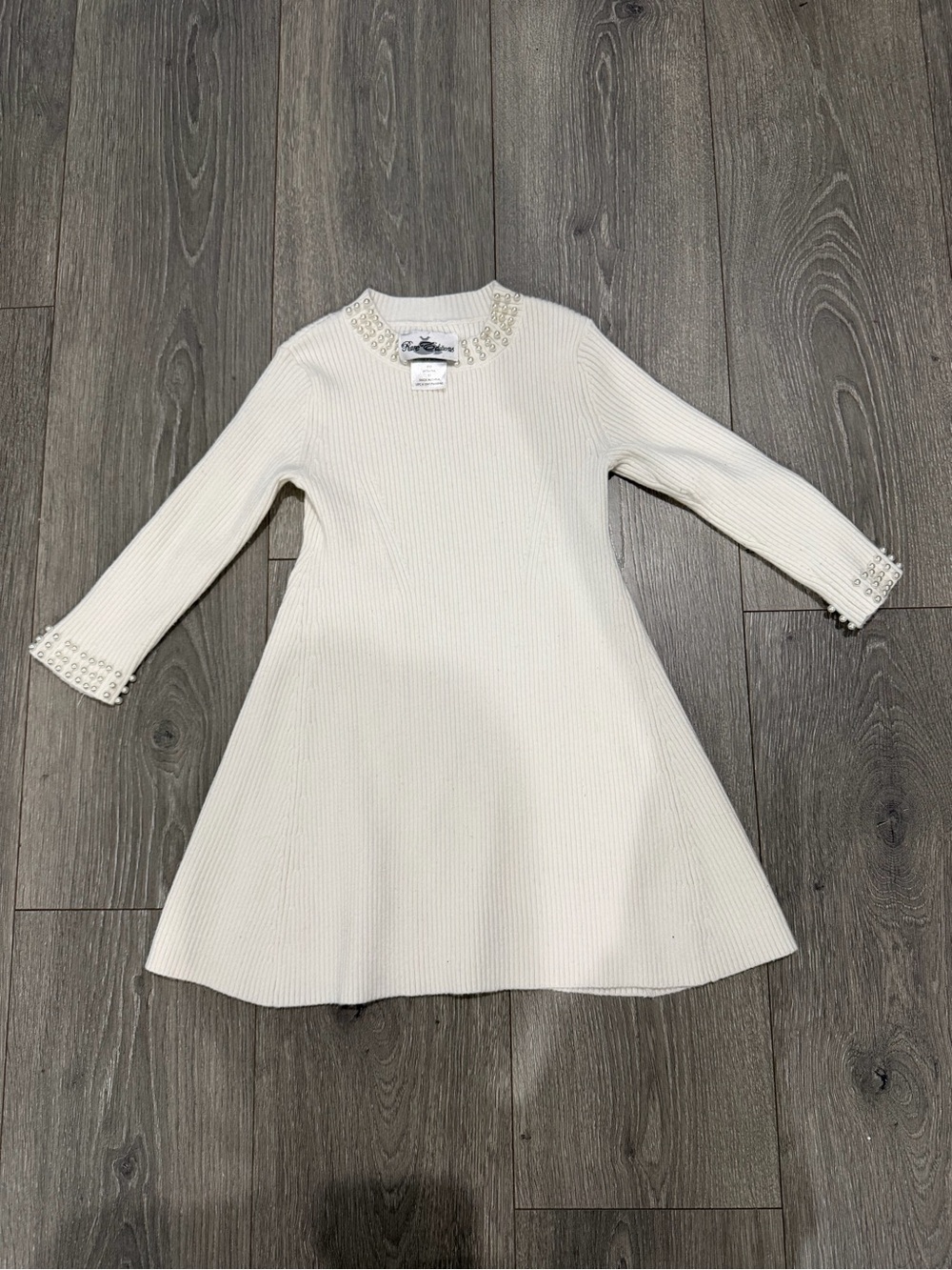 Rare Editions Cream  Knit A-Line Dress with Pearl Trim Size 3T